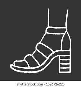 Block high heels chalk icon. Woman stylish footwear design. Female casual shoes, summer sandals with ankle strap side view. Fashionable clothing accessory. Isolated vector chalkboard illustration