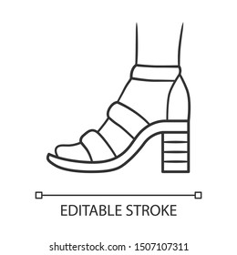 Block high heels linear icon. Woman stylish footwear. Female casual shoes, summer sandals with ankle strap. Editable stroke. Thin line illustration. Contour symbol. Vector isolated outline drawing