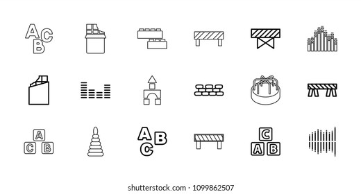 Block icon. collection of 18 block outline icons such as barrier, abc cube, abc, chocolate, equalizer, brick wall, pyramid. editable block icons for web and mobile.