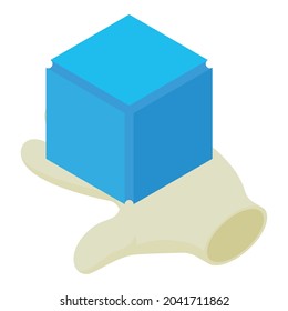 Block icon isometric vector. Human hand holding a blue block icon. Financial technology, blockchain, cryptocurrency concept
