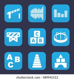 block icon. Set of 9 filled block icons such as barrier, ABC cube, pyramid, toy tower, child playground carousel, equalizer, road barrier