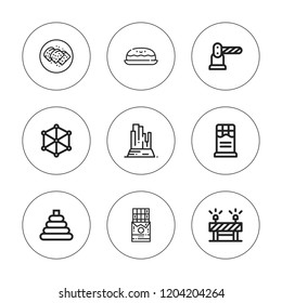 Block icon set. collection of 9 outline block icons with barrier, chocolate, cube, toy icons. editable icons.