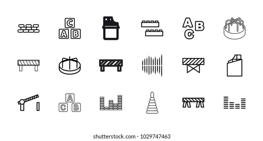 Block icons. set of 18 editable outline block icons: barrier, abc cube, child building kit, child playground carousel, abc, chocolate, equalizer, road barrier, brick wall
