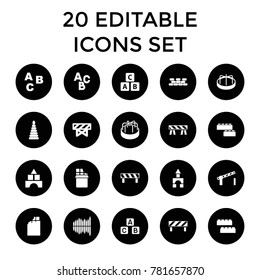 Block icons. set of 20 editable filled block icons such as barrier, abc cube, child building kit, toy tower. best quality block elements in trendy style.