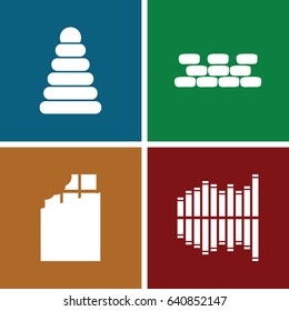 Block icons set. set of 4 block filled icons such as pyramid, equalizer, brick wall