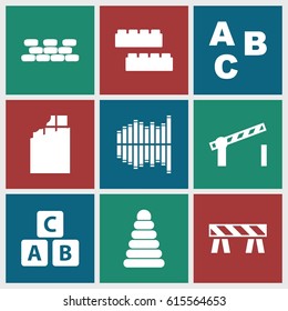 Block icons set. set of 9 block filled icons such as ABC cube, pyramid, child building kit, barrier, equalizer, road barrier, brick wall, ABC