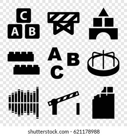 Block icons set. set of 9 block filled icons such as barrier, ABC cube, child building kit, toy tower, child playground carousel, equalizer, road barrier, ABC