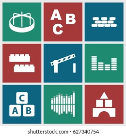 Block icons set. set of 9 block filled icons such as ABC cube, child building kit, toy tower, child playground carousel, equalizer, road barrier, brick wall