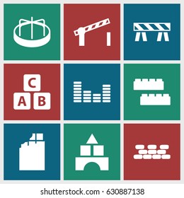 Block icons set. set of 9 block filled icons such as abc cube, child building kit, toy tower, child playground carousel, barrier, equalizer, road barrier, brick wall