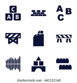 Block icons set. set of 9 block filled icons such as barrier, abc cube, child building kit, toy tower, equalizer, brick wall, abc