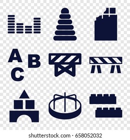 Block icons set. set of 9 block filled icons such as barrier, pyramid, child building kit, toy tower, child playground carousel, equalizer, abc
