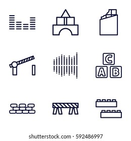 block icons set. Set of 9 block outline icons such as ABC cube, child building kit, toy tower, barrier, equalizer, road barrier, brick wall