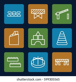 block icons set. Set of 9 block outline icons such as barrier, pyramid, child building kit, toy tower, child playground carousel, road barrier, brick wall