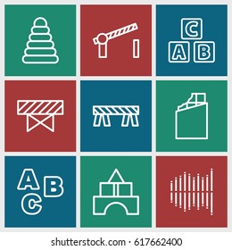 Block icons set. set of 9 block outline icons such as barrier, ABC cube, pyramid, toy tower, equalizer, road barrier, ABC