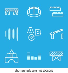 Block icons set. set of 9 block outline icons such as barrier, child building kit, toy tower, child playground carousel, equalizer, road barrier