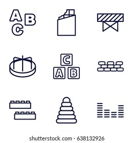 Block icons set. set of 9 block outline icons such as barrier, abc cube, pyramid, child building kit, child playground carousel, equalizer, brick wall, abc