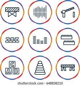 Block icons set. set of 9 block outline icons such as barrier, abc cube, pyramid, child building kit, equalizer, road barrier