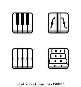 Block instrumen icons - Piano, Violin, Drums, Xylofon.