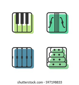 Block instrumen icons - Piano, Violin, Drums, Xylofon.