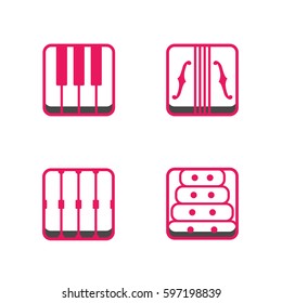 Block instrumen icons - Piano, Violin, Drums, Xylofon.