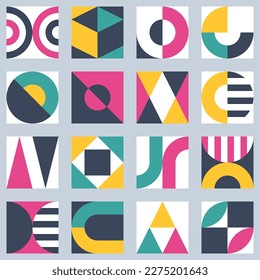 Block moderner geometrischer abstrakter Formen im Bauhaus-Stil als Grundformen wie Dreieck, Quadrat, Kreis, Linien und Muster.Einfaches Design als Kunstvektorset für Plakatwerbung oder Banner