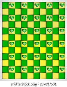 Block mosaic background with Brazil flag glossy heart shapes. Vector patriotic background design.