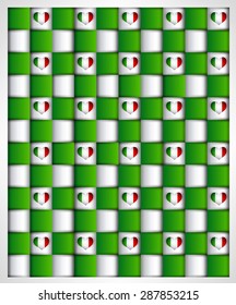 Block mosaic background with Italy flag glossy heart shapes. Vector patriotic background design.