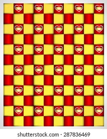 Block mosaic background with Spain flag glossy heart shapes. Vector patriotic background design. Red and yellow colors.