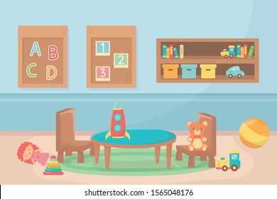 block numbers alphabet table chairs ball room toys vector illustration