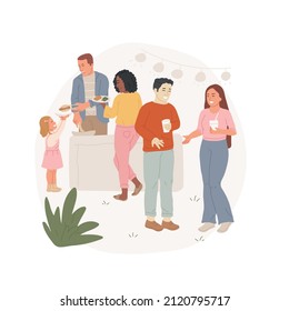 Block party abstract concept vector illustration. Neighbors having party outdoor, local food festival, line to the BBQ table, celebrate cultural diversity, residential blocks abstract metaphor.