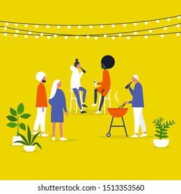 Block Party. Garden. Backyard. String Lights And Plants. Outdoor. Millennial Lifestyle. Gather Together. Friends. Flat Editable Vector Illustration, Clip Art