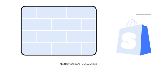 A block pattern with light blue bricks next to a blue shopping bag with a white S and two black dashes above it. Ideal for retail branding decor design minimalism shopping and graphic elements