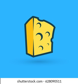 Block Piece of Cheese Premium Quality, Vector Logo isolated on Blue Background.