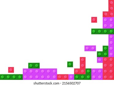 Block plastic toys background. Multicolored details of the designer. Different shape. Vector cartoon illustration.