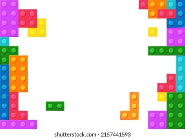 Block plastic toys background. Multicolored details of the designer. Different shape. Vector cartoon illustration.