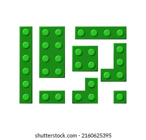 Block plastic toys of different size and shape set. Green constructor details. Vector cartoon illustration.
