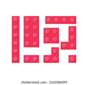 Block plastic toys of different size and shape set. Red constructor details. Vector cartoon illustration.