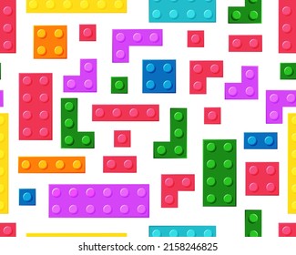 Block plastic toys seamless pattern. Multicolored details of the designer. Different shape. Vector cartoon illustration