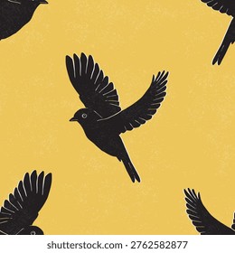 Block Print Bird Seamless Vector Pattern Linocut Swallow Shape Woodcut Texture Fabric Print 