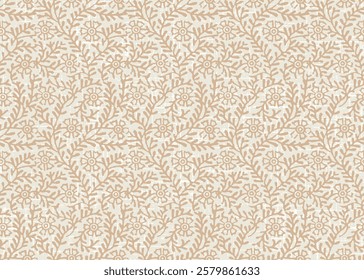 block print floral seamless pattern,little beige flower bud leaves and flower indian hand-block-print on ivory background.