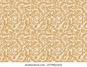 block print floral seamless pattern,little yellow flower bud leaves and flower indian hand-block-print on ivory background.