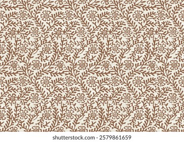 block print floral seamless pattern,little light brown flower bud leaves and flower indian hand-block-print on ivory background.