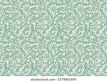 block print floral seamless pattern,little turquoise flower bud leaves and flower indian hand-block-print on ivory background.