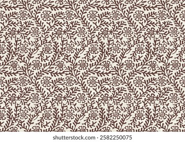 block print floral seamless pattern,little brown flower bud leaves and flower indian hand-block-print on ivory background.