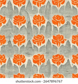 Blok print, oranje rozenpatroon op een grijze achtergrond, grunge lijnen ikat patroon, ikat naadloos patroon, Vector illustratie achtergrond voor het afdrukken van het papier.