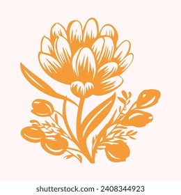 Block print rustic floral folkart isolated vector motif for linocut natural design. Shabby chic icon of botanical element in bold scandi style. 