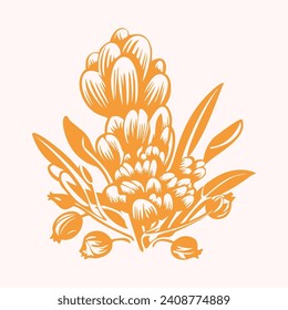 Block print rustic floral folkart isolated vector motif for linocut natural design. Shabby chic icon of botanical element in bold scandi style. 