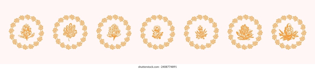 Colección de motivos vectoriales aislados de folkart floral rústico de impresión en bloques para el diseño natural de linocut. Conjunto chic de Shabby de ícono de elemento botánico en negrita estilo scandi. 