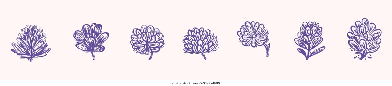 Block print rustic floral folkart isolated vector motif collection for linocut natural design. Shabby chic set of icon of botanical element in bold scandi style. 