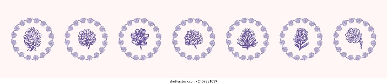 Block print rustic floral folkart isolated vector motif collection for linocut natural design. Shabby chic set of icon of botanical element in bold scandi style. 